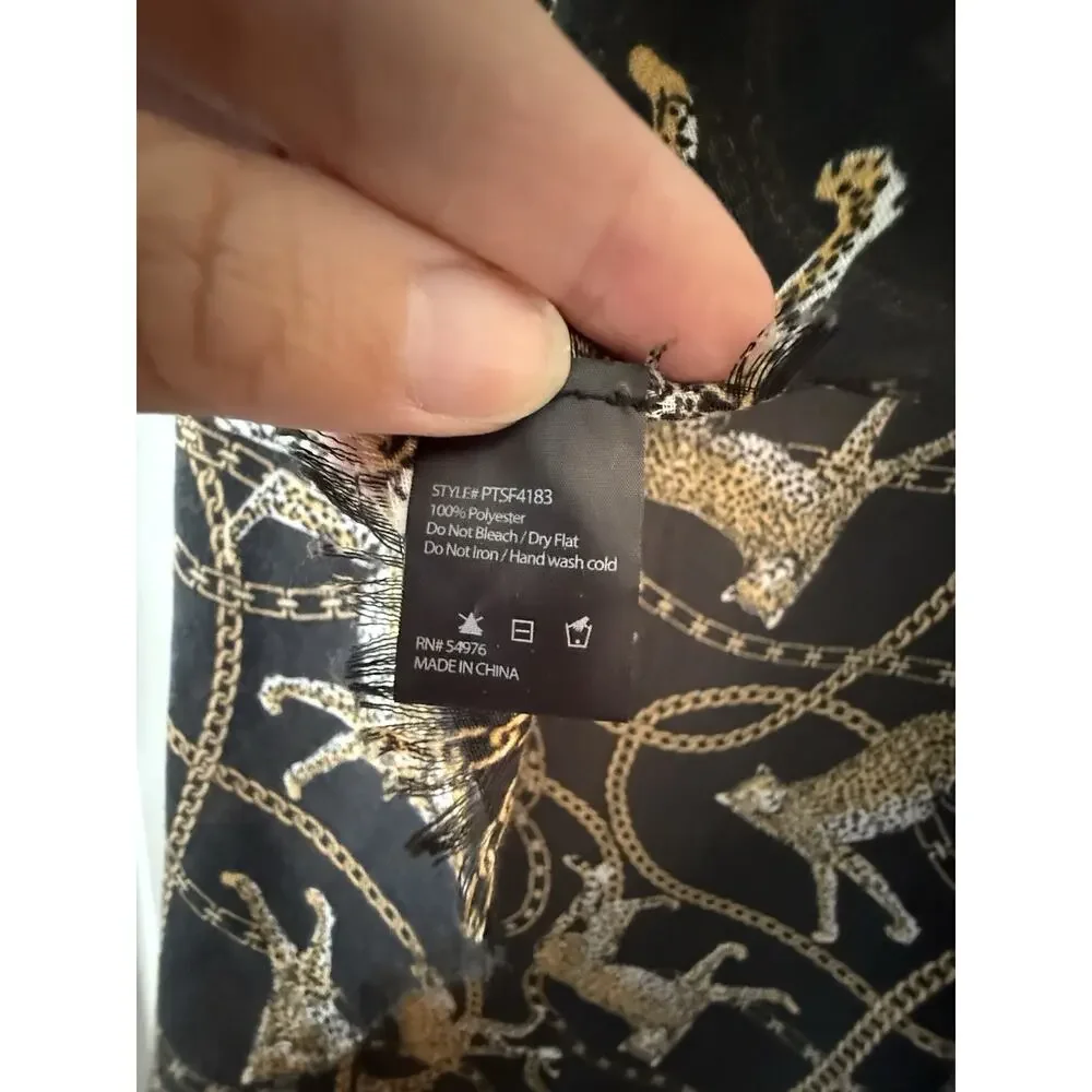 Black Leopard Chain Print Scarf 21x72 Animal Print Fringe Lightweight Wrap Shawl